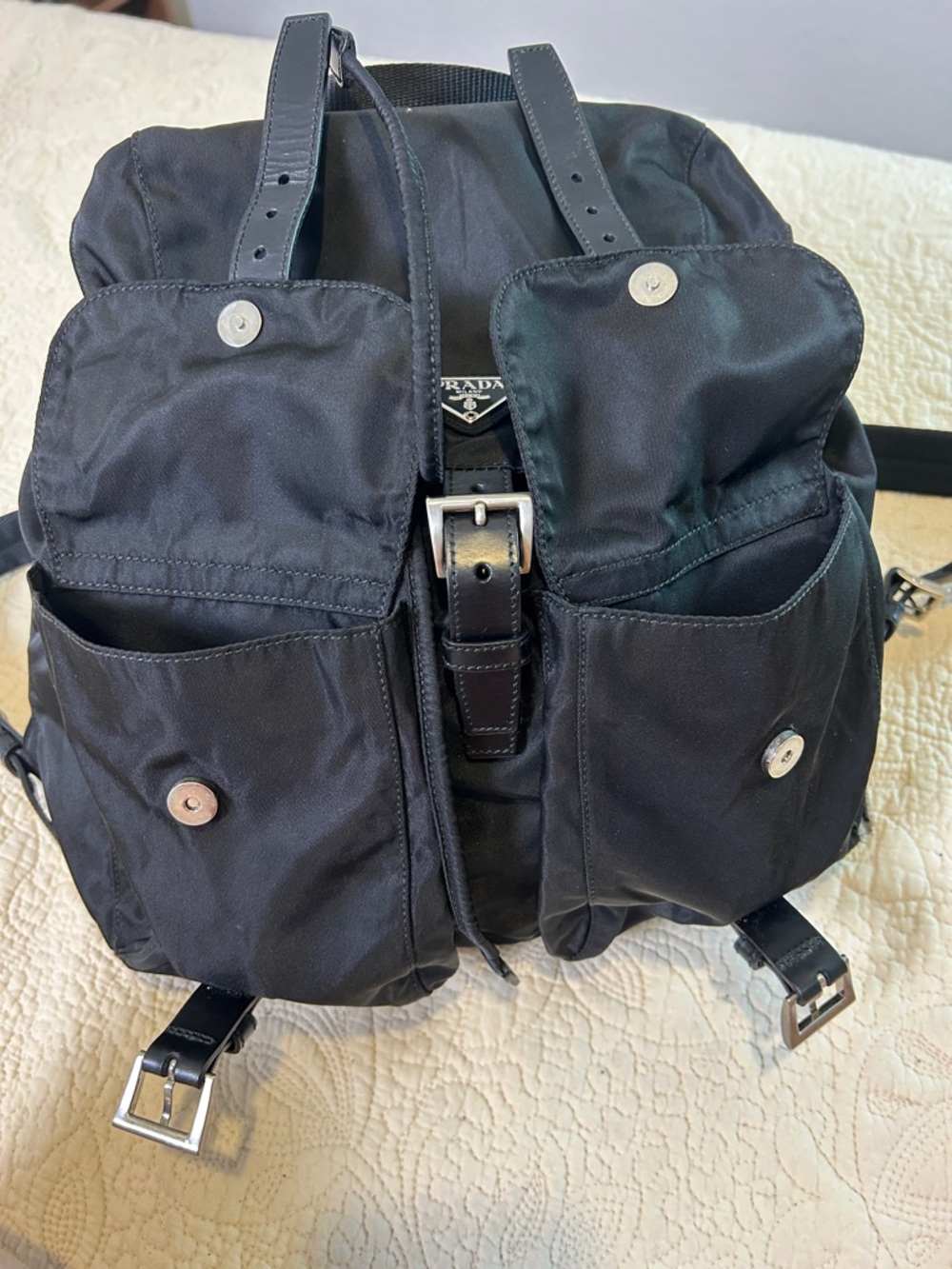 Prada Black Nylon Drawstring Backpack with Front Buckle Pockets - Picture 3 of 9
